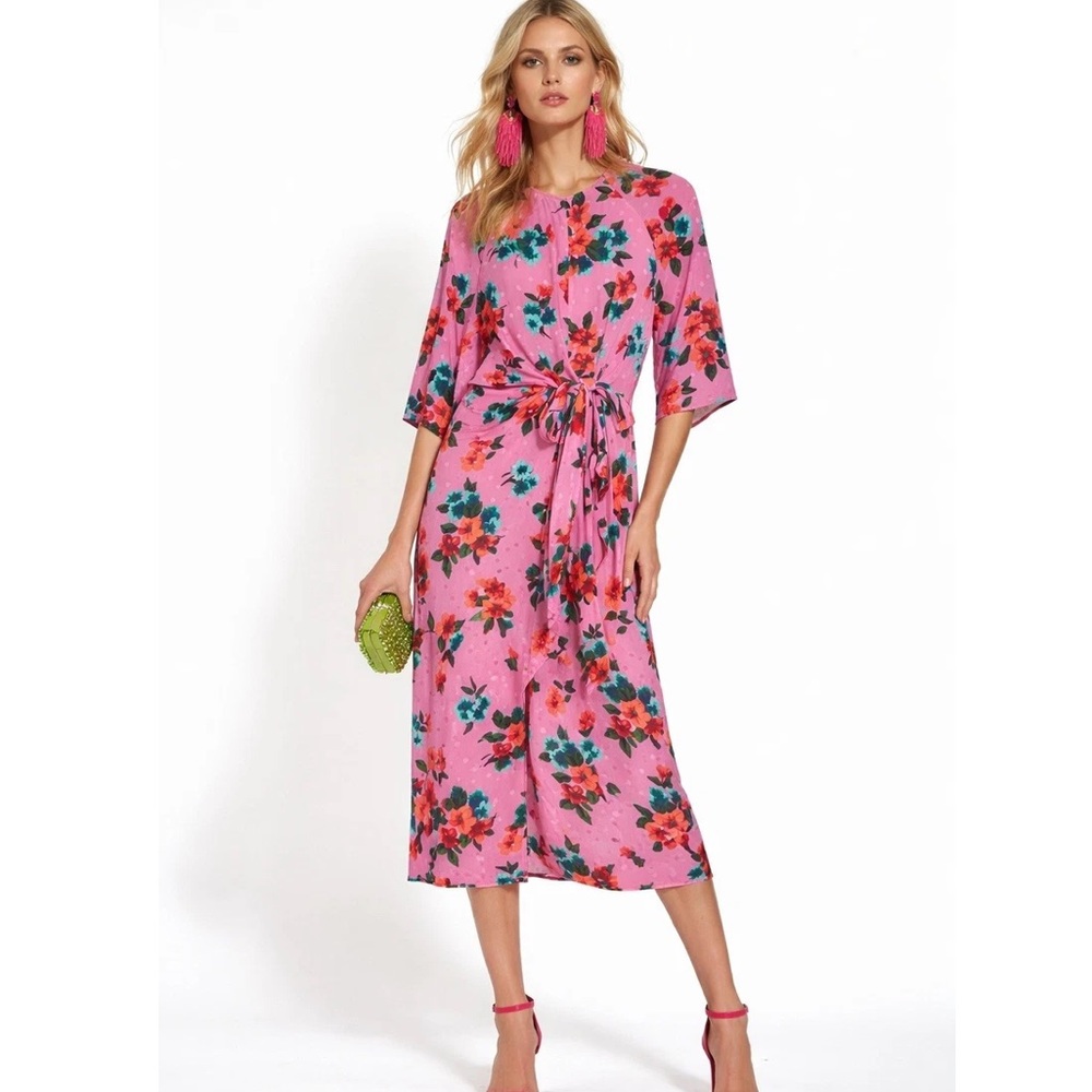 Essentiel Antwerp Silk Vayen draped midi dress in a pink floral print Size 10